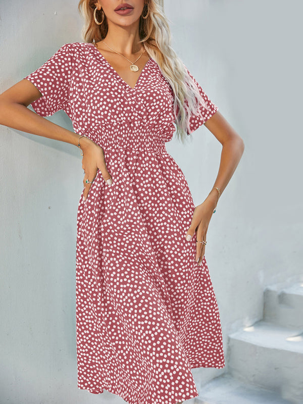 elegant casual vacation V-neck floral print short-sleeved dress