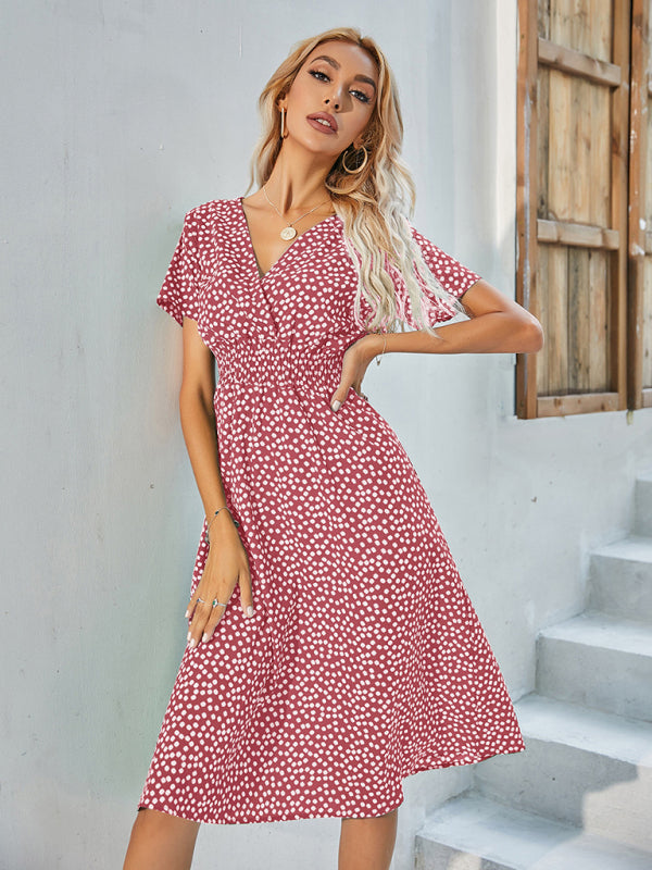 elegant casual vacation V-neck floral print short-sleeved dress