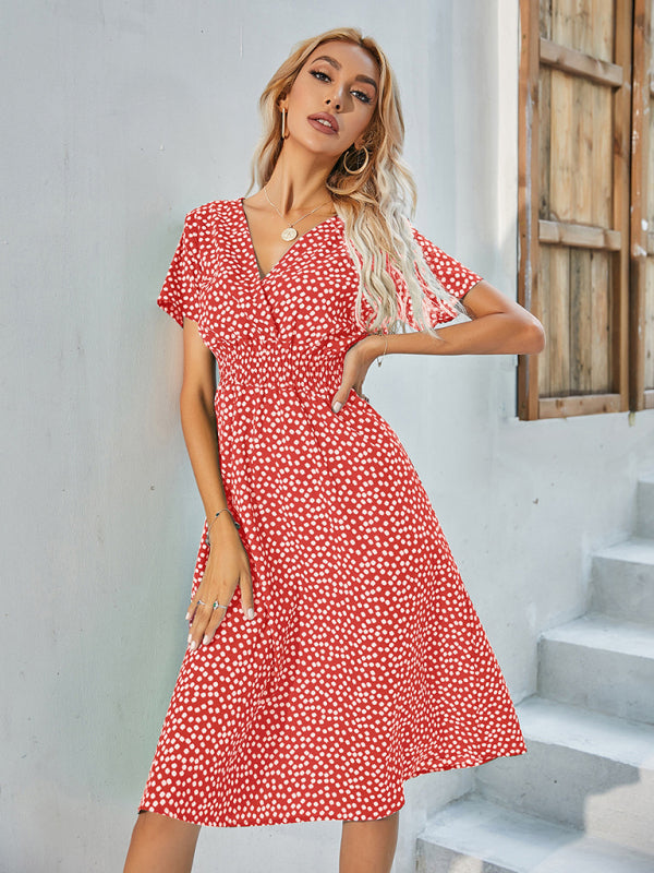 elegant casual vacation V-neck floral print short-sleeved dress