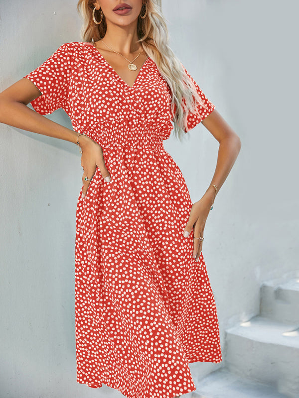 elegant casual vacation V-neck floral print short-sleeved dress