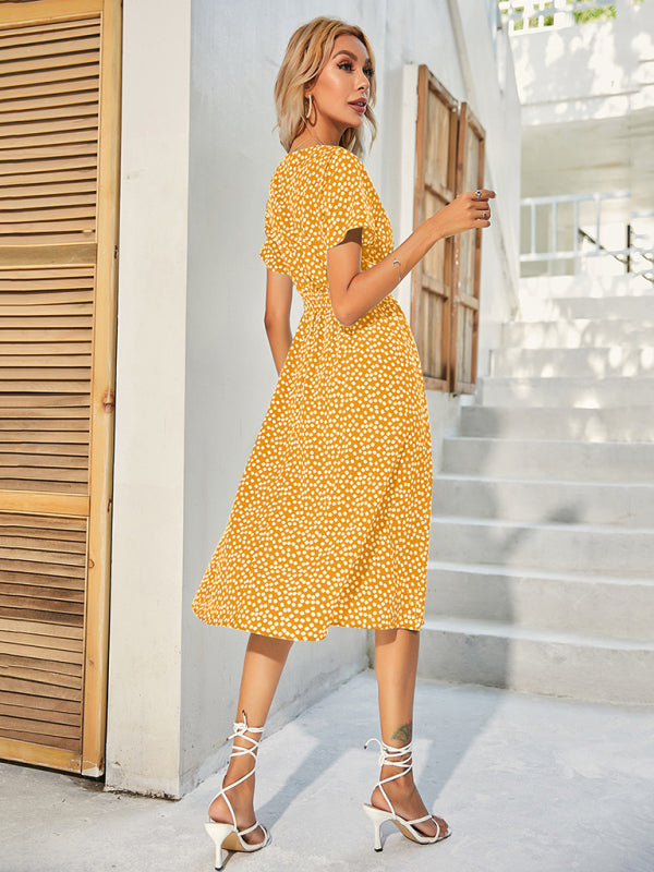 elegant casual vacation V-neck floral print short-sleeved dress