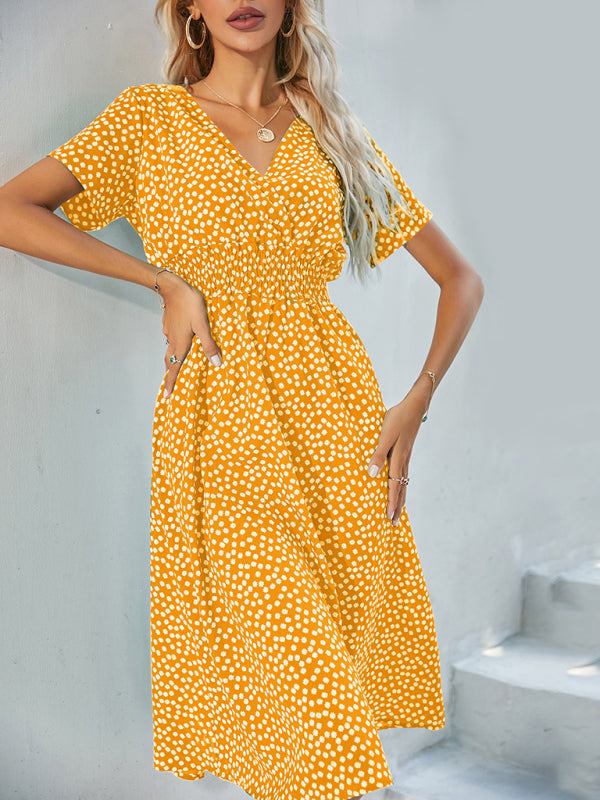 elegant casual vacation V-neck floral print short-sleeved dress