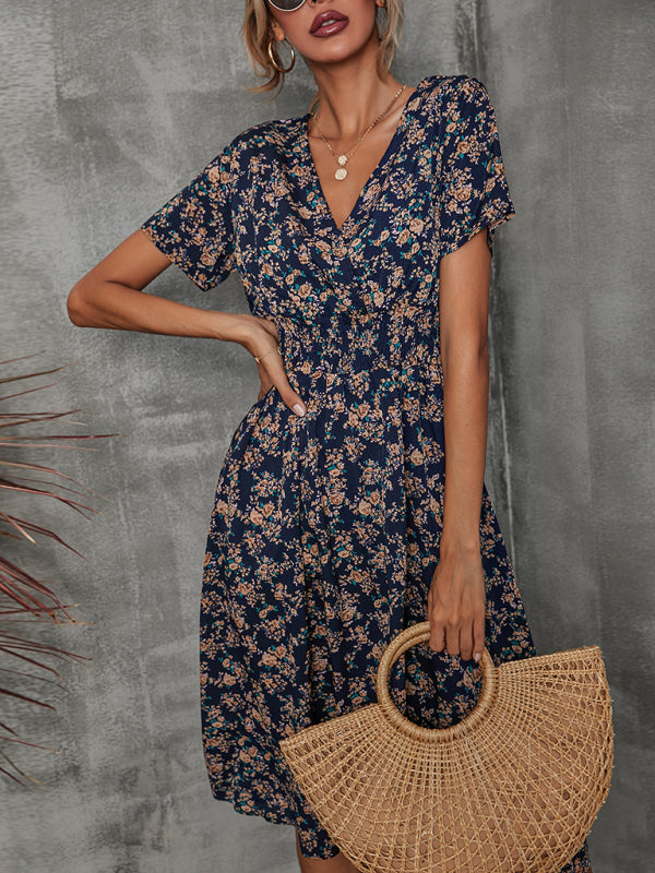 elegant casual vacation V-neck floral print short-sleeved dress