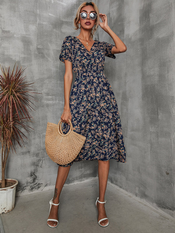 elegant casual vacation V-neck floral print short-sleeved dress