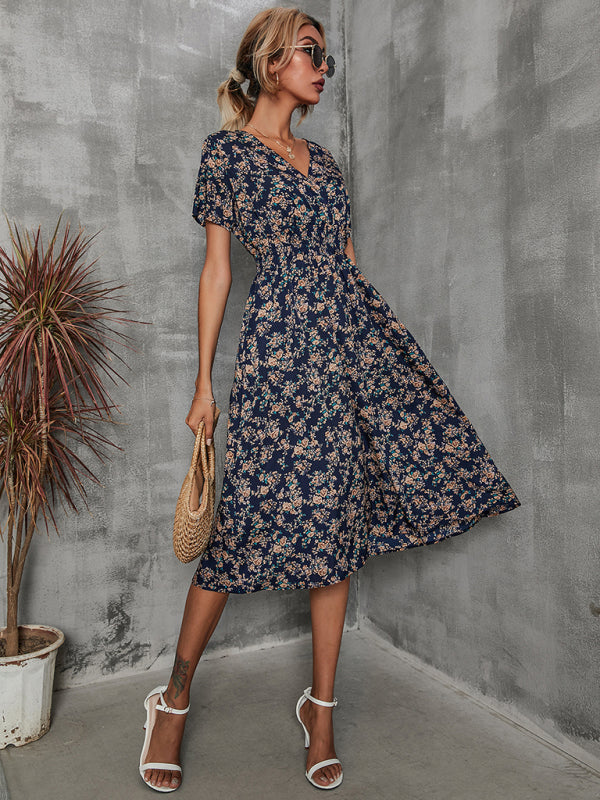 elegant casual vacation V-neck floral print short-sleeved dress