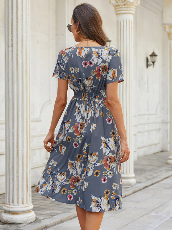 elegant casual vacation V-neck floral print short-sleeved dress