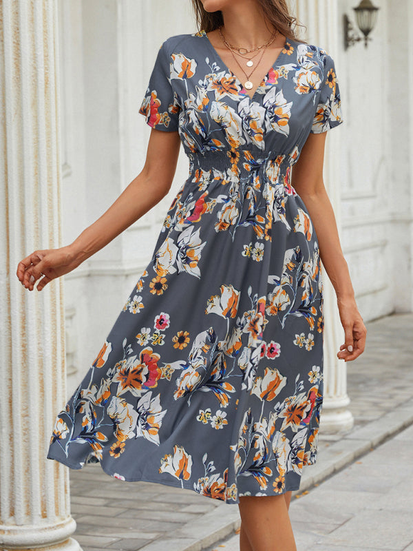 elegant casual vacation V-neck floral print short-sleeved dress