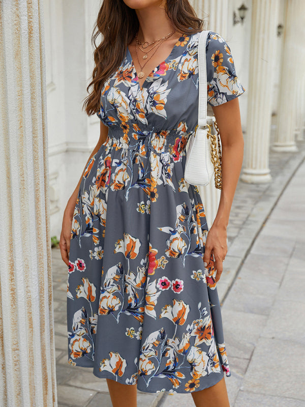 elegant casual vacation V-neck floral print short-sleeved dress