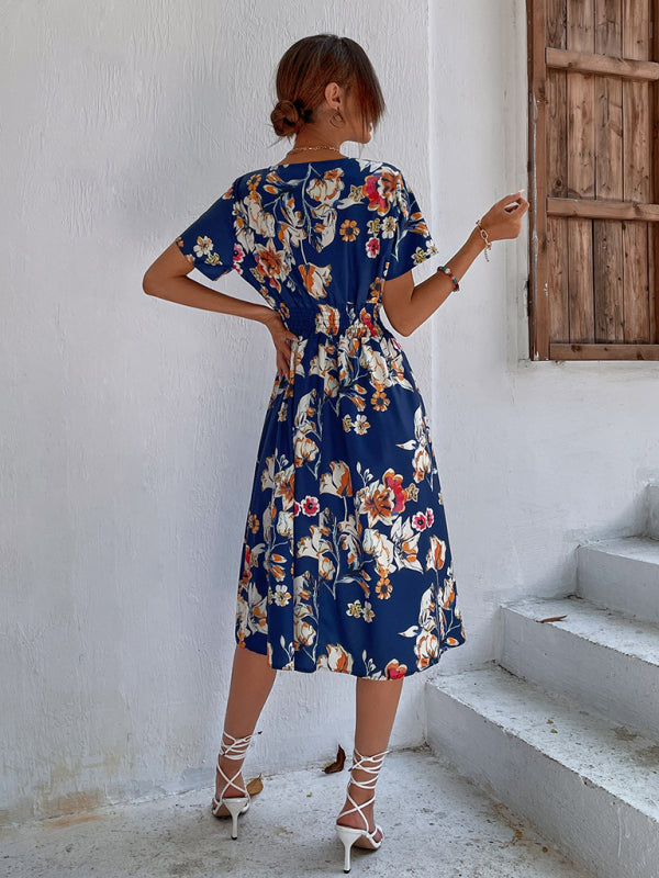 elegant casual vacation V-neck floral print short-sleeved dress