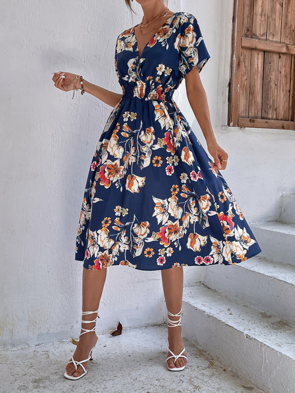 elegant casual vacation V-neck floral print short-sleeved dress