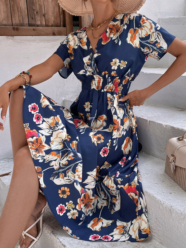 elegant casual vacation V-neck floral print short-sleeved dress