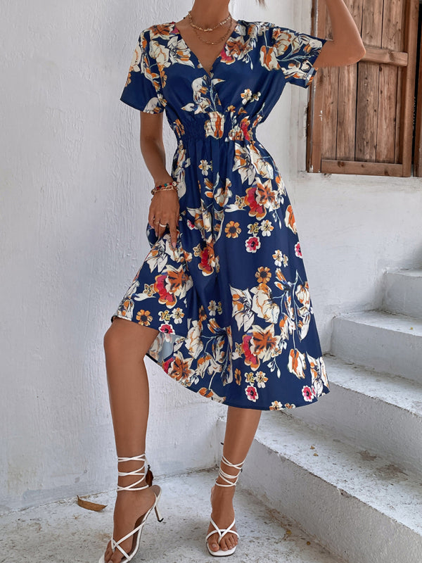 elegant casual vacation V-neck floral print short-sleeved dress