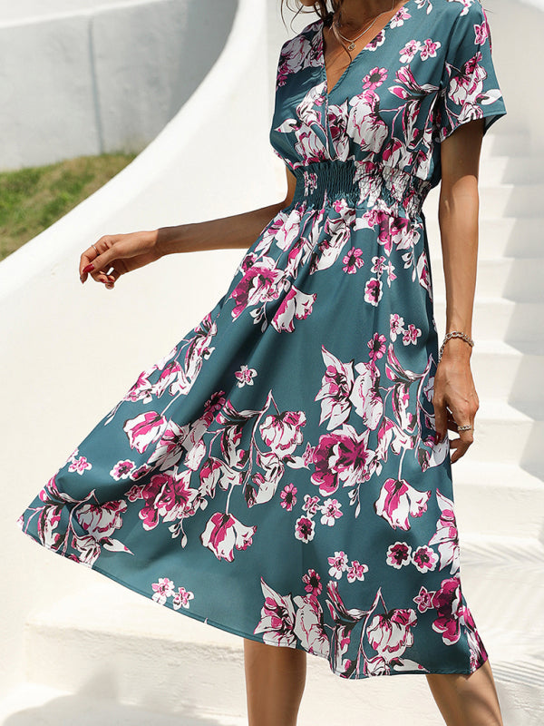 elegant casual vacation V-neck floral print short-sleeved dress