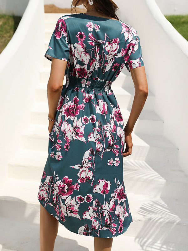 elegant casual vacation V-neck floral print short-sleeved dress