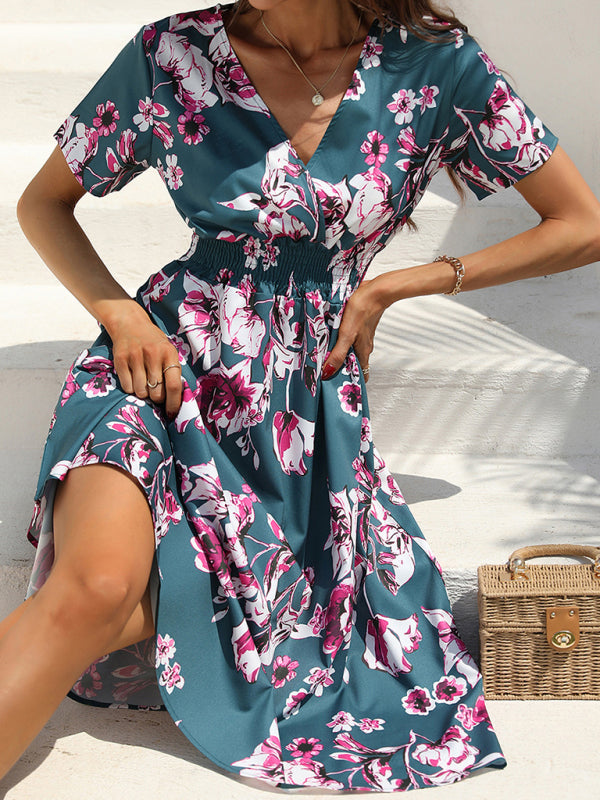 elegant casual vacation V-neck floral print short-sleeved dress
