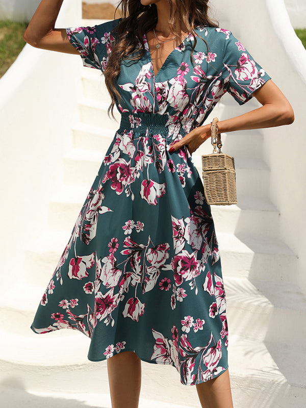 elegant casual vacation V-neck floral print short-sleeved dress