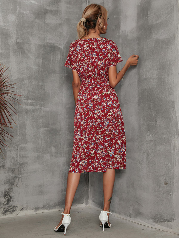elegant casual vacation V-neck floral print short-sleeved dress