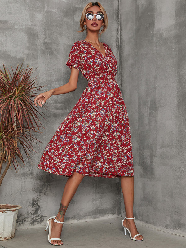elegant casual vacation V-neck floral print short-sleeved dress