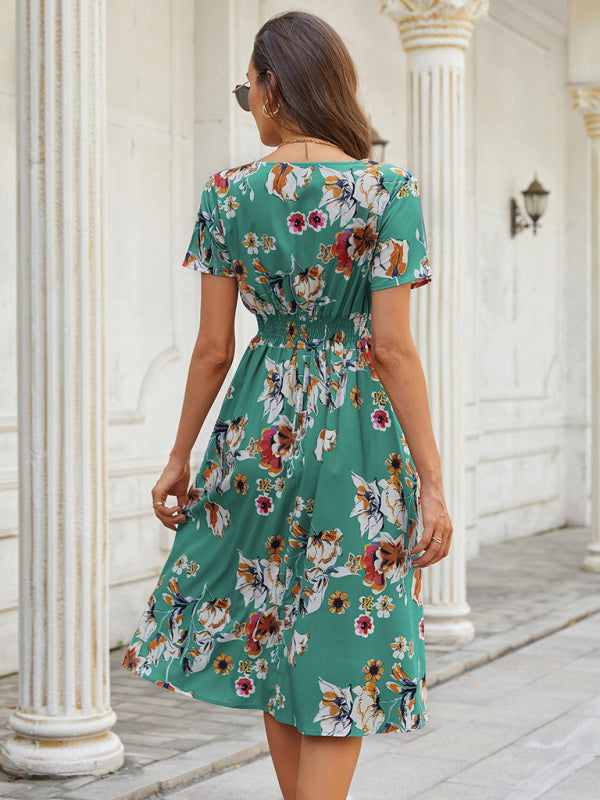 elegant casual vacation V-neck floral print short-sleeved dress
