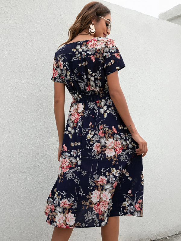 elegant casual vacation V-neck floral print short-sleeved dress