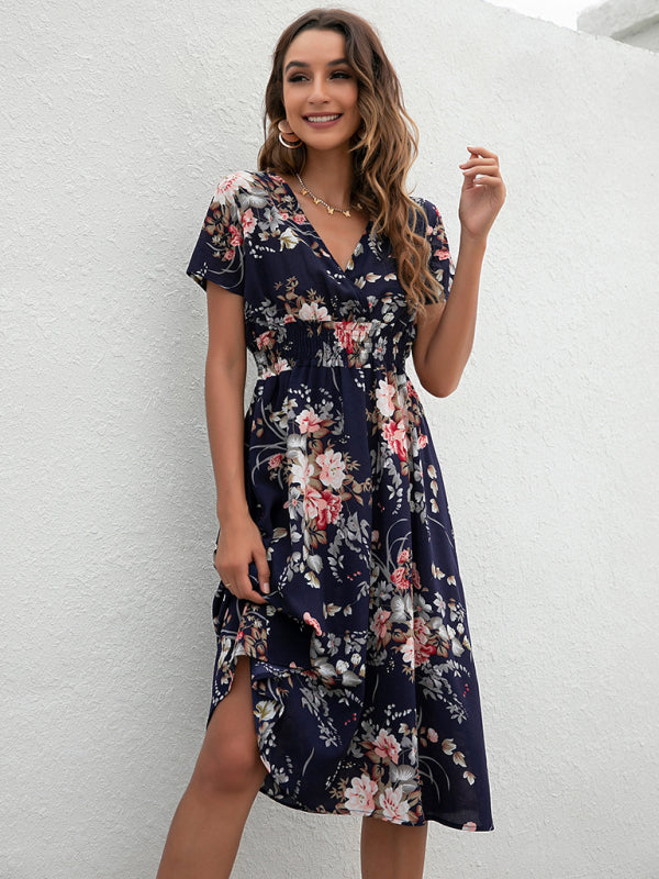 elegant casual vacation V-neck floral print short-sleeved dress