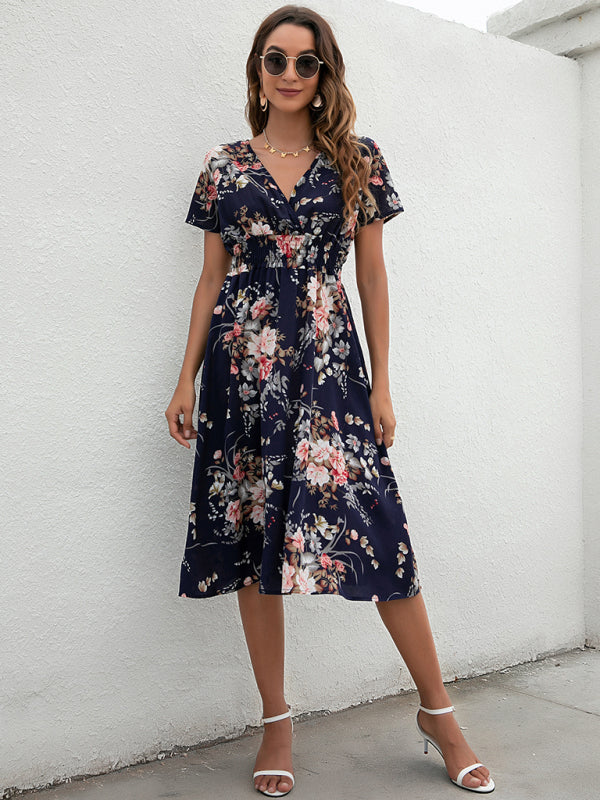 elegant casual vacation V-neck floral print short-sleeved dress