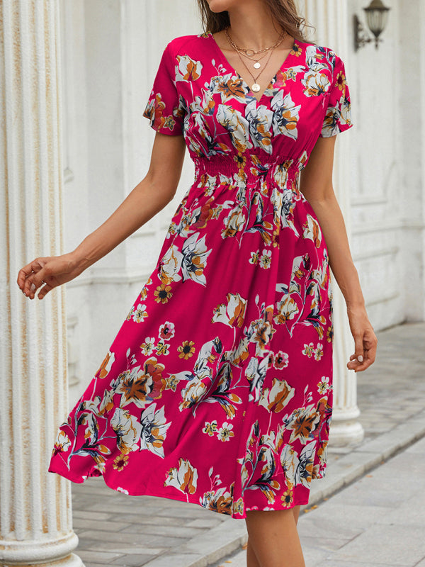 elegant casual vacation V-neck floral print short-sleeved dress