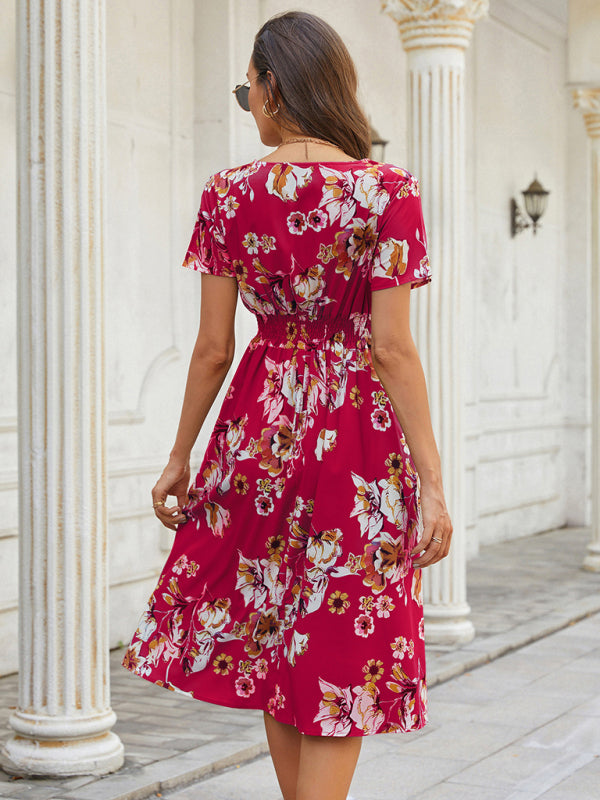 elegant casual vacation V-neck floral print short-sleeved dress