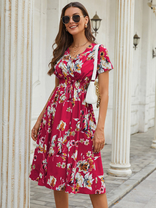 elegant casual vacation V-neck floral print short-sleeved dress
