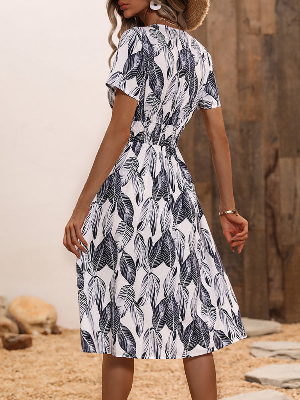 elegant casual vacation V-neck floral print short-sleeved dress