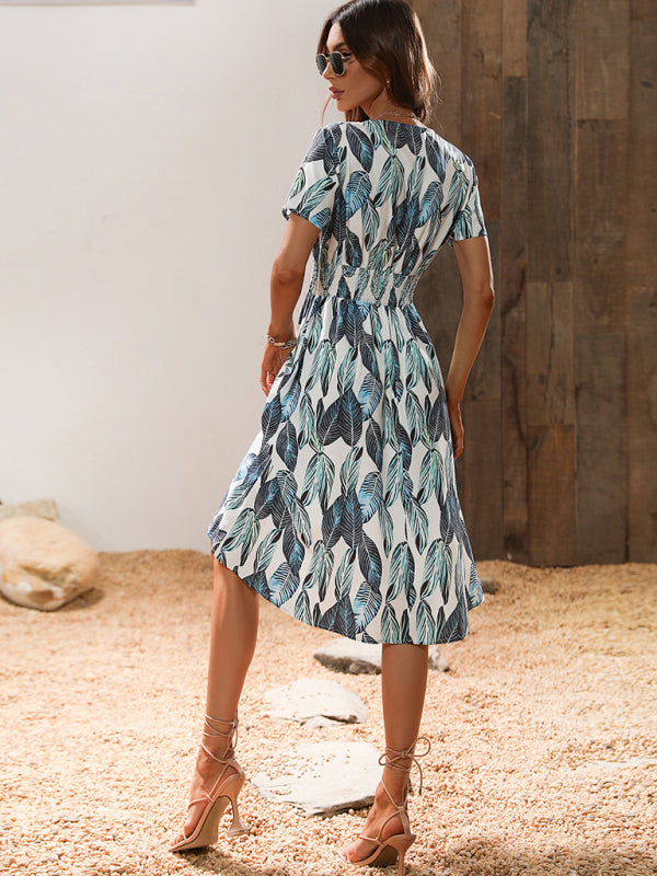 elegant casual vacation V-neck floral print short-sleeved dress
