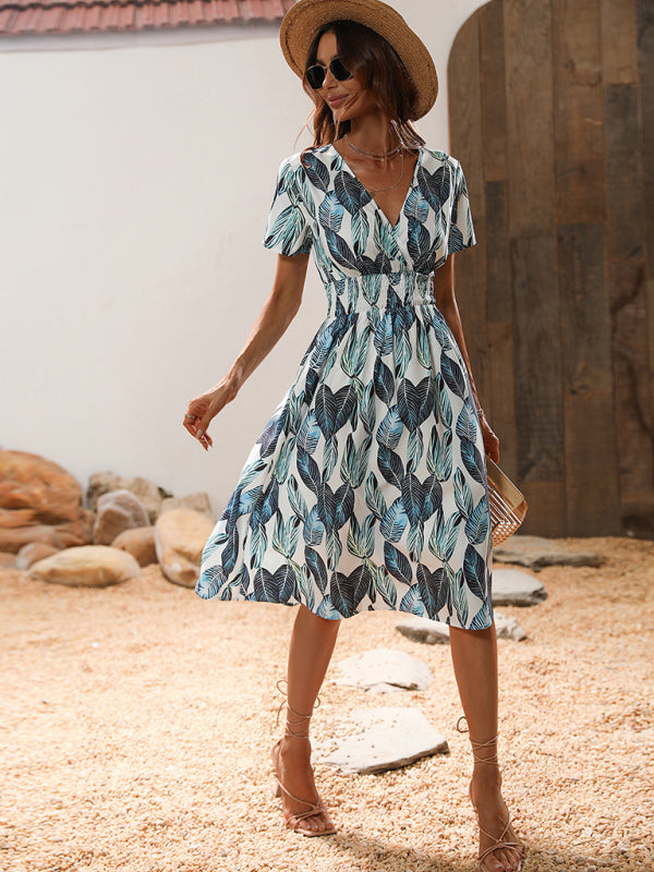 elegant casual vacation V-neck floral print short-sleeved dress