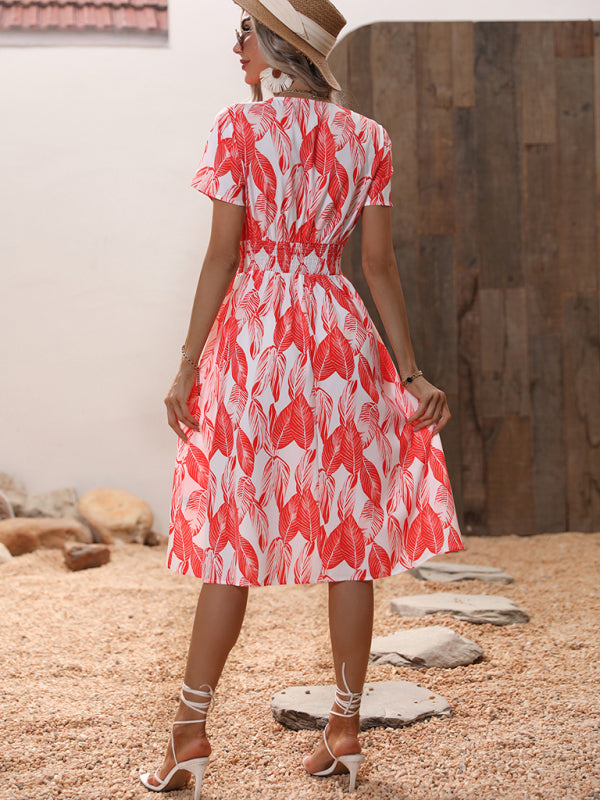 elegant casual vacation V-neck floral print short-sleeved dress