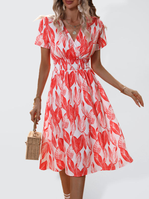 elegant casual vacation V-neck floral print short-sleeved dress