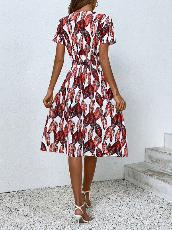 elegant casual vacation V-neck floral print short-sleeved dress