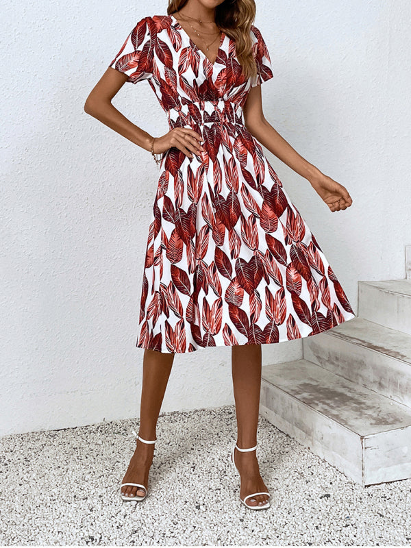 elegant casual vacation V-neck floral print short-sleeved dress
