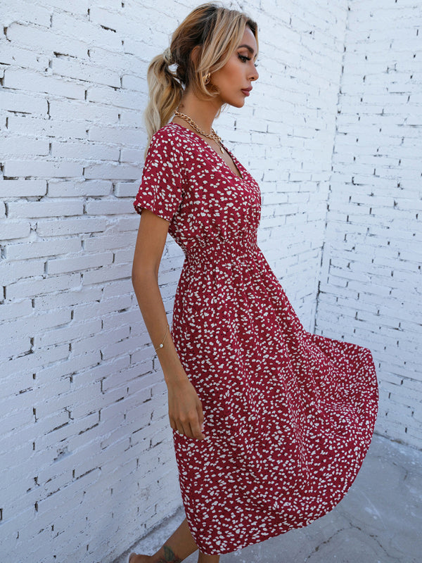 elegant casual vacation V-neck floral print short-sleeved dress