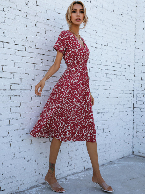 elegant casual vacation V-neck floral print short-sleeved dress