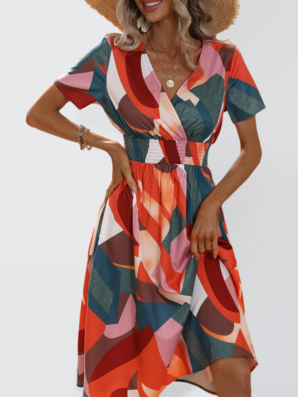 elegant casual vacation V-neck floral print short-sleeved dress