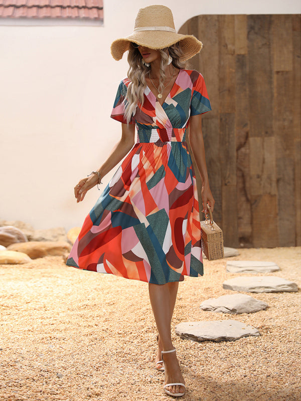 elegant casual vacation V-neck floral print short-sleeved dress