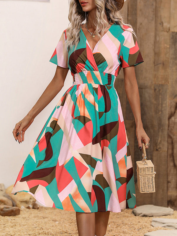 elegant casual vacation V-neck floral print short-sleeved dress