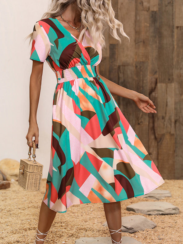 elegant casual vacation V-neck floral print short-sleeved dress