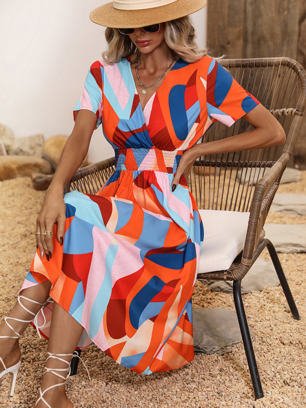elegant casual vacation V-neck floral print short-sleeved dress
