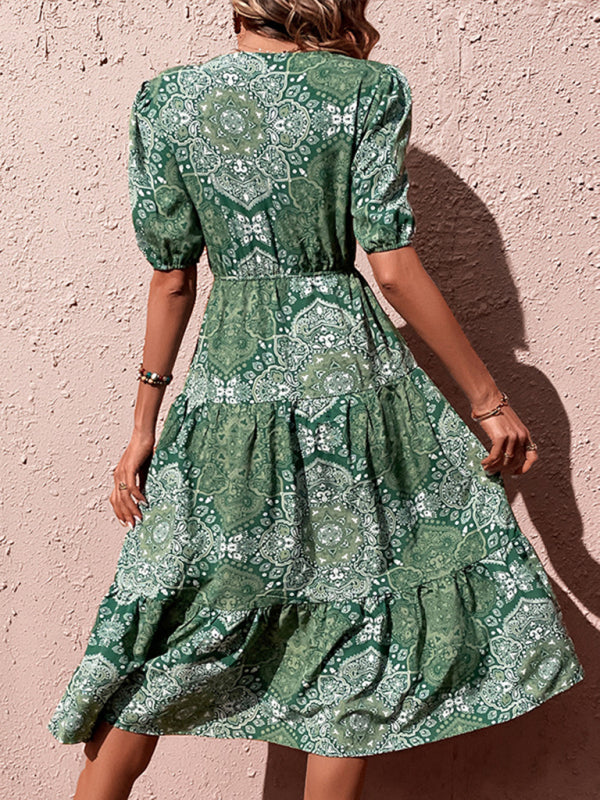 elegant dress floral V-neck puff sleeve side slit long dress