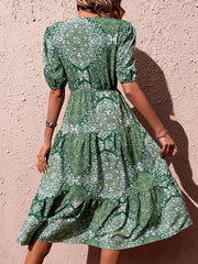 elegant dress floral V-neck puff sleeve side slit long dress