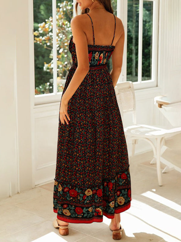 big swing skirt Bohemian V-neck suspender floral dress