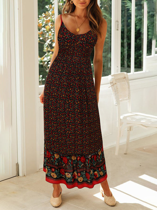 big swing skirt Bohemian V-neck suspender floral dress