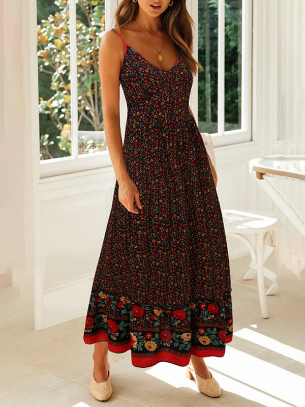 big swing skirt Bohemian V-neck suspender floral dress
