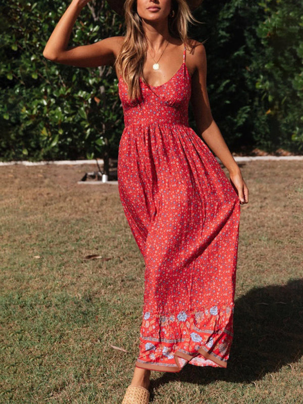 big swing skirt Bohemian V-neck suspender floral dress