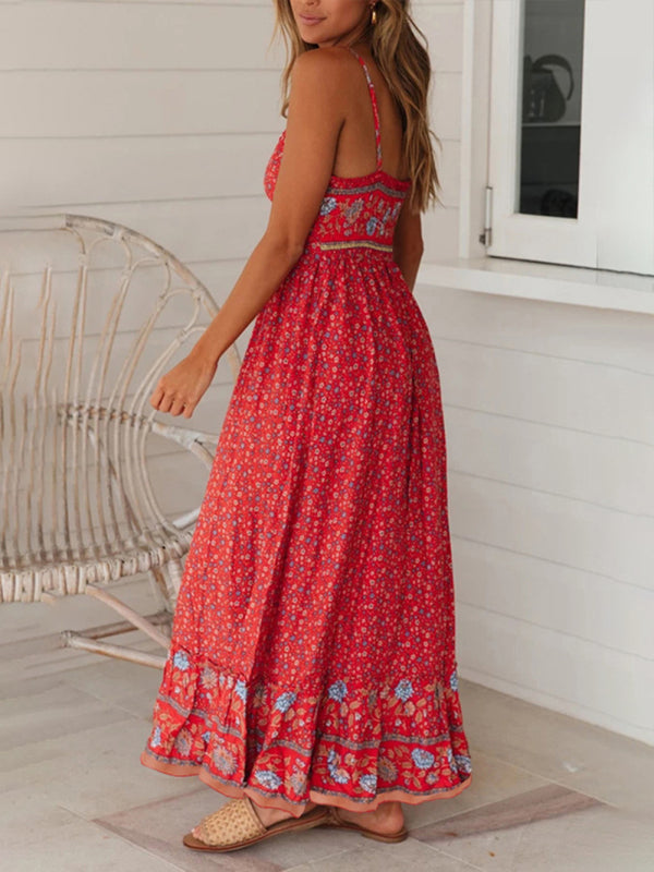 big swing skirt Bohemian V-neck suspender floral dress